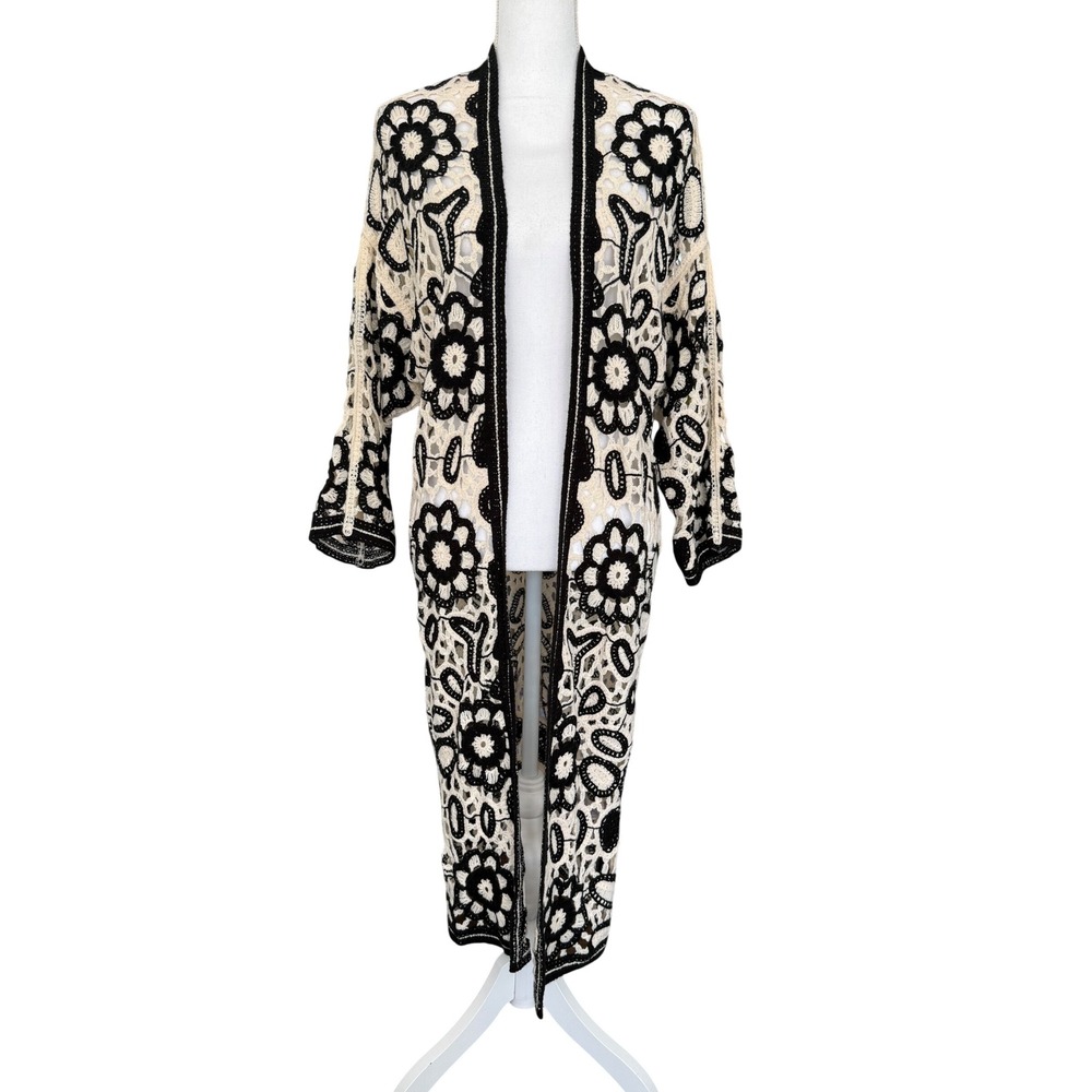 POL Crochet Creme Cardigan Kimono Duster Black Creme Women ONE or Small NWOT